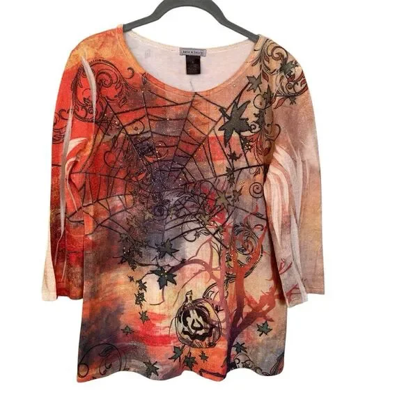 Halloween 3/4 Sleeve Tshirt Top Womens Size M Spiderweb Sparkle Orange Pumpkins - Picture 7 of 7